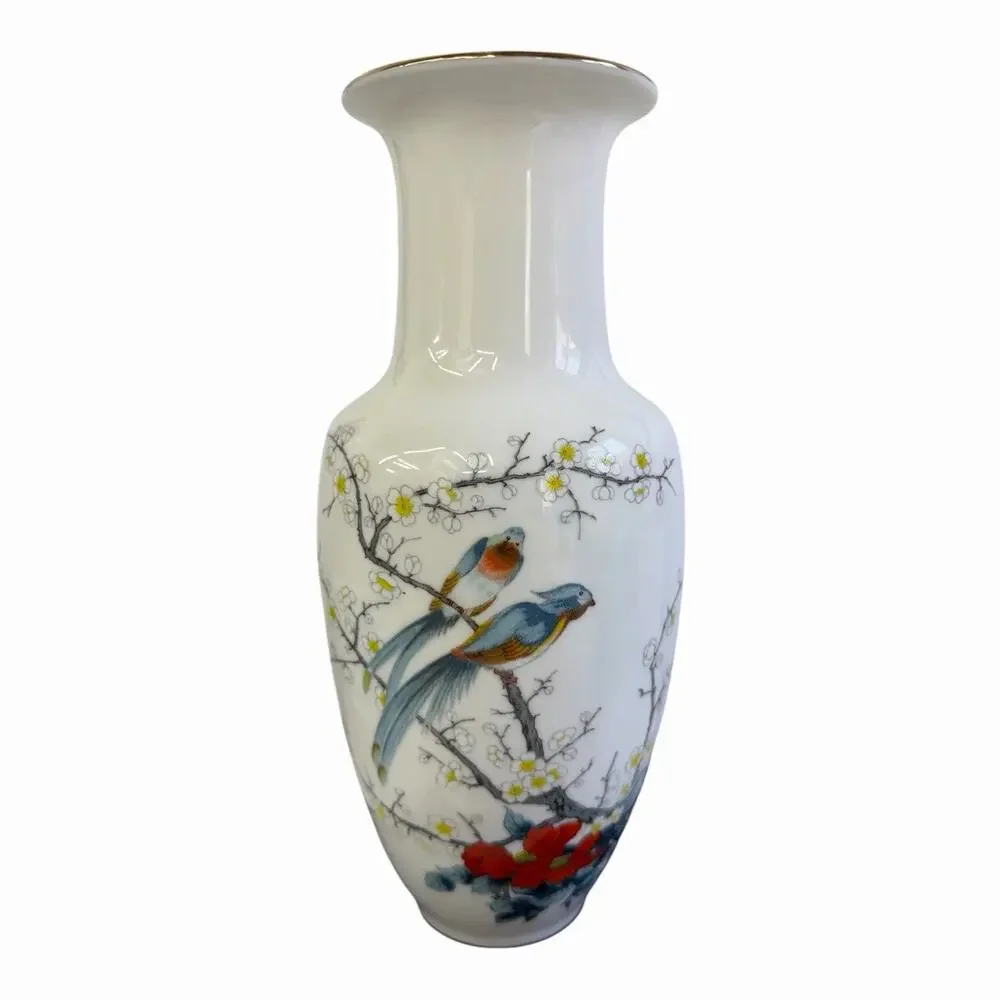 Vintage JAY White Porcelain Vase Fine China Handpainted Birds Gold Trim Japan